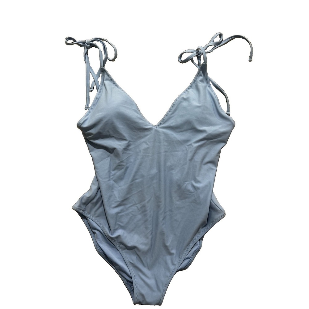 Aerie Women's M  V One Piece Full Coverage Swimsuit Light Blue Tie Shoulder